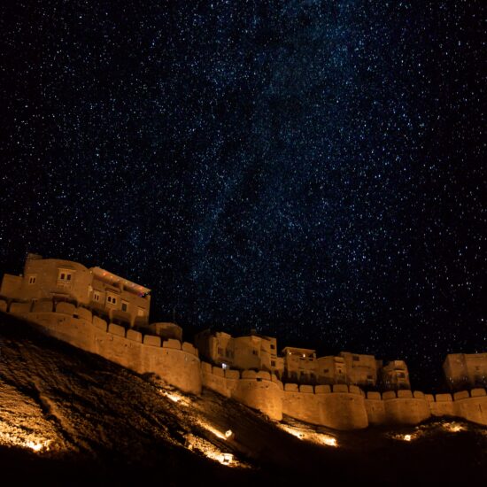 Rajasthan fort at night on private India tour.